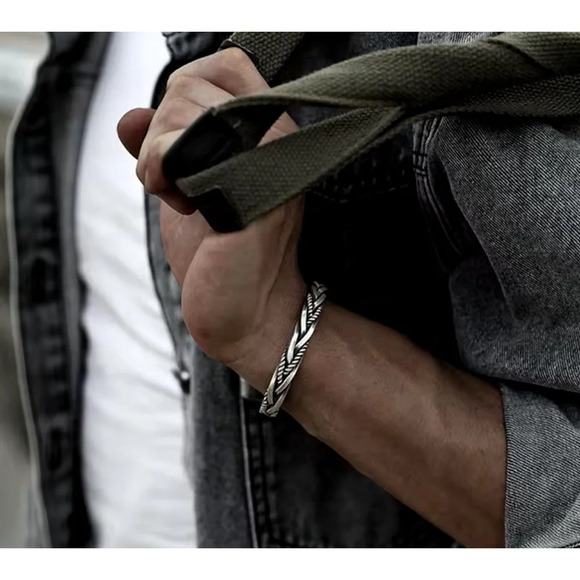 NEW Solid Unisex Braided Twist 925 Sterling Silver Cuff Bracelet, Adjustable‎ - Picture 5 of 16